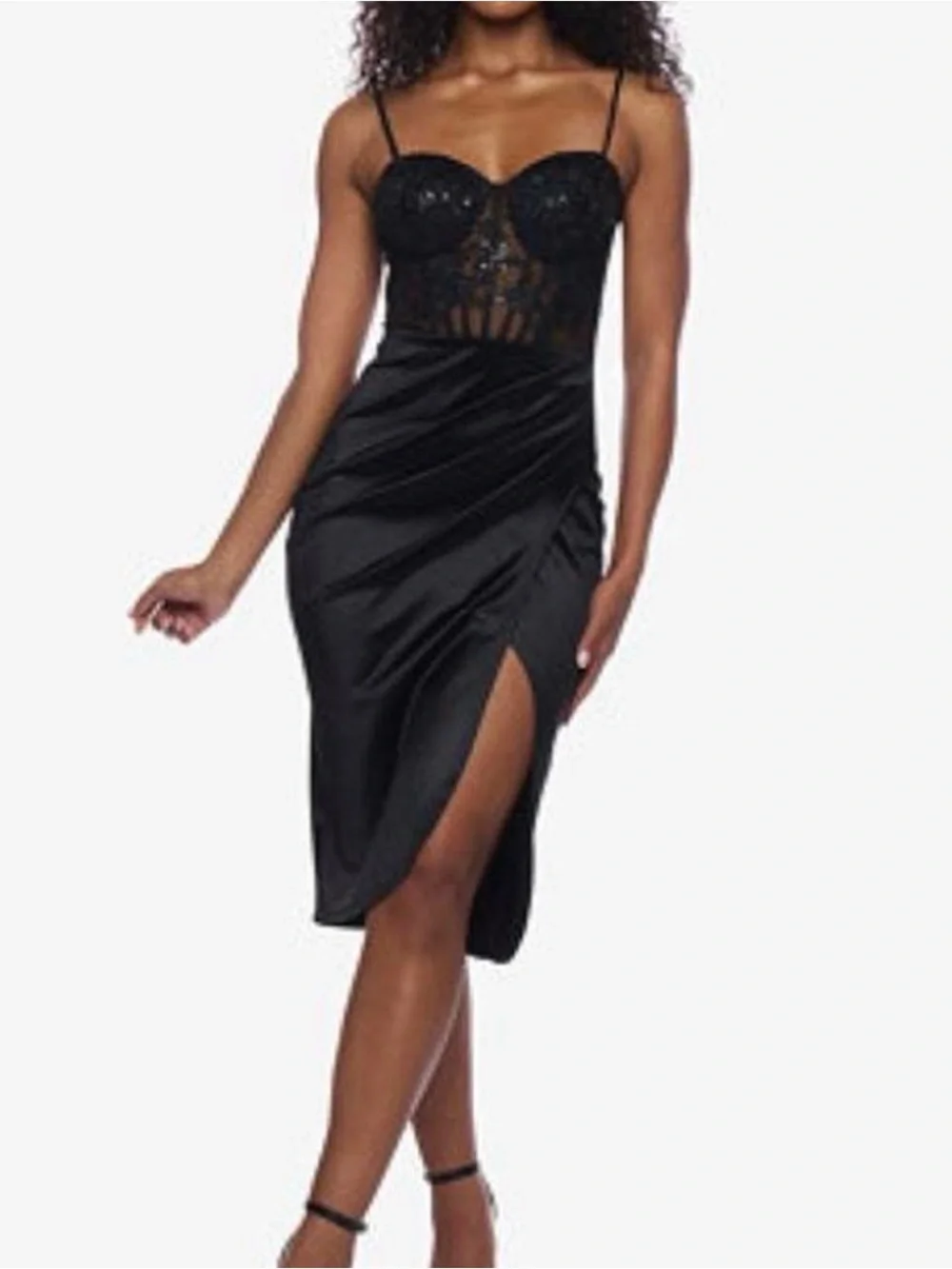 B Darlin Black Lace Bustier Satin Slip Dress with Thigh Slit